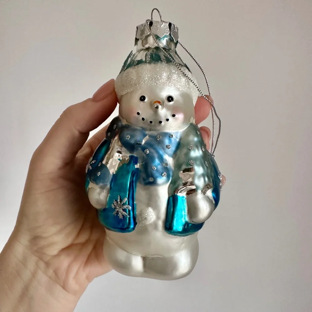 Blue and Silver Glass‎ Snowman Christmas Ornament Glitter Snowflake Winter Decor